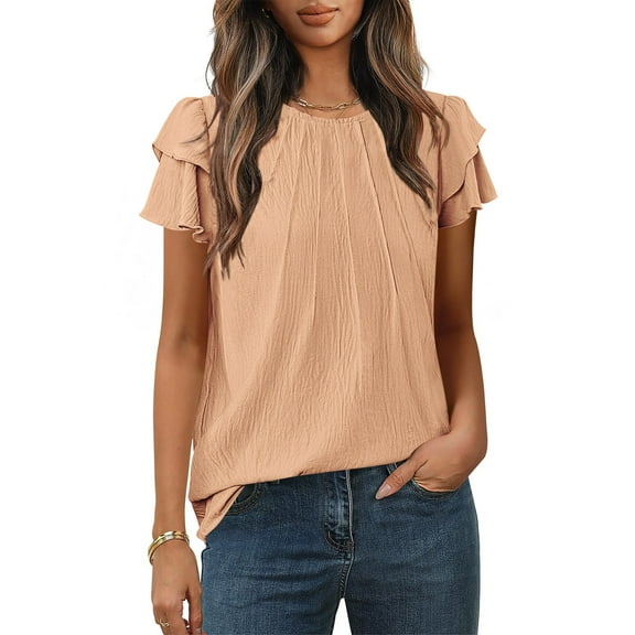 Bzhegqhd Ladies' Spring and Summer Casual Mid Pleated Ruffle Sleeves Short Sleeved Round Neck Top/shirt