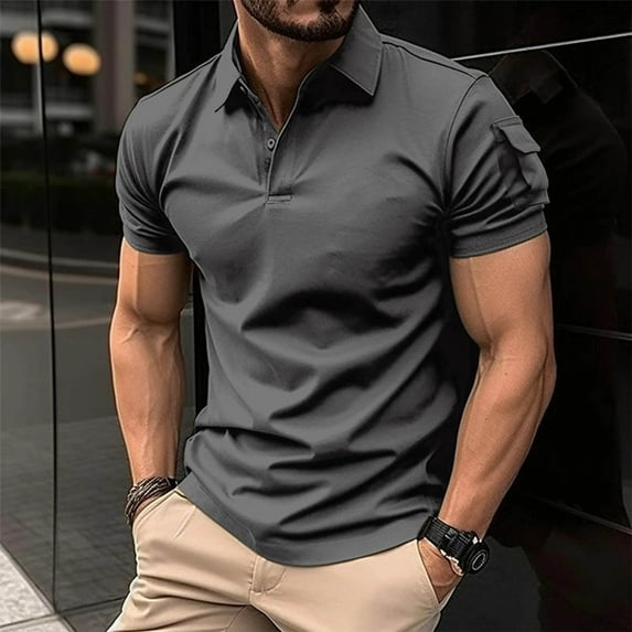 Bzhegqhd Men Fashion Leisure Versatile Solid Color Button Pocket Lapel T-shirt
