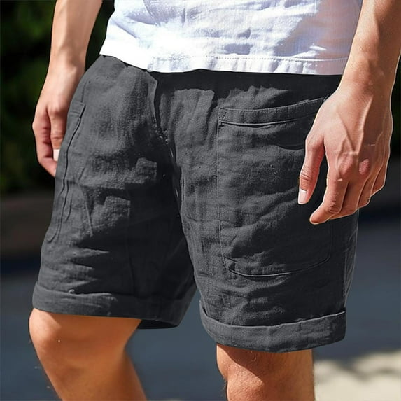 Bzhegqhd Men's Casual Cargo Linen Blend Shorts,Solid Color Button & Zipper Closure Multi-Pocket Knee-Length Wrinkle-Resistant Comfort