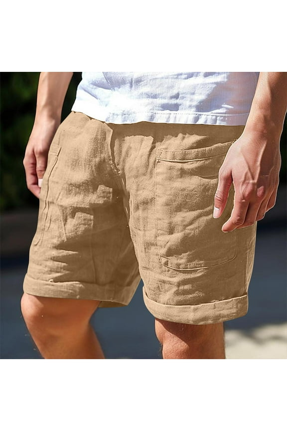 Men's Casual Cargo Linen Blend Shorts,Solid Color Button & Zipper Closure Multi-Pocket Knee-Length Wrinkle-Resistant Comfort