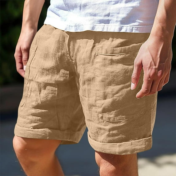 Bzhegqhd Men's Casual Cargo Linen Blend Shorts,Solid Color Button & Zipper Closure Multi-Pocket Knee-Length Wrinkle-Resistant Comfort