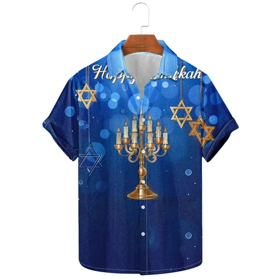 Bzhegqhd Men's Fashion Casual Hanukkah Printed Shirt Short Sleeve Button Up Short Sleeve Lapel Shirt