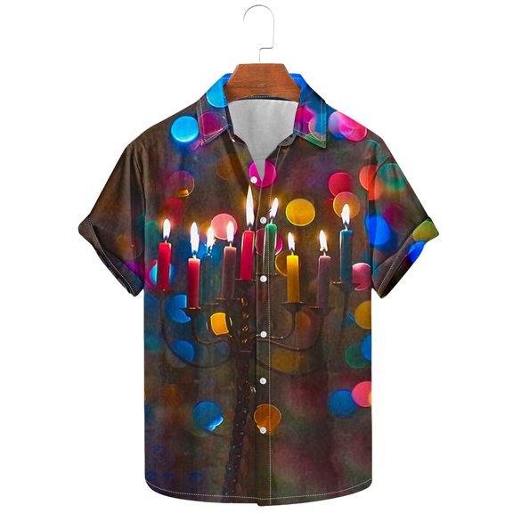 Bzhegqhd Men's Fashion Casual Hanukkah Printed Shirt Short Sleeve Button Up Short Sleeve Lapel Shirt