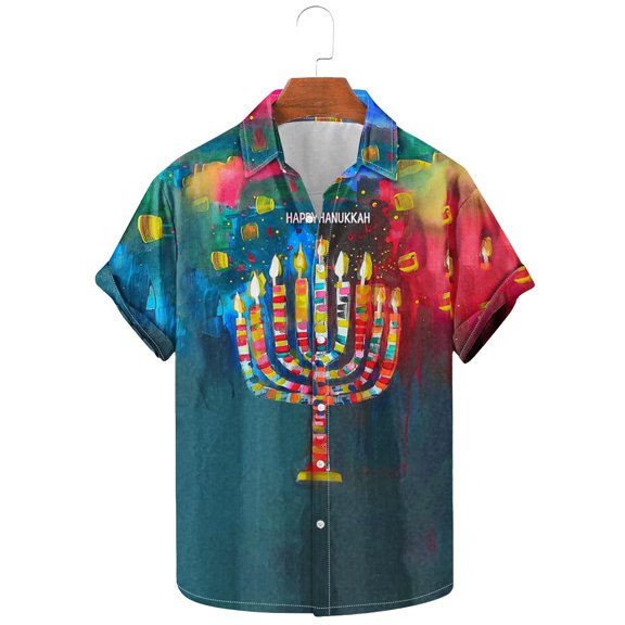 Bzhegqhd Men's Fashion Casual Hanukkah Printed Shirt Short Sleeve Button Up Short Sleeve Lapel Shirt