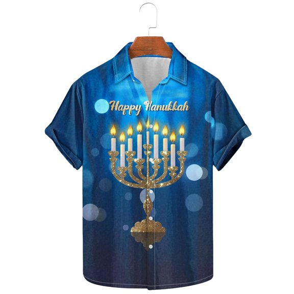 Bzhegqhd Men's Fashion Casual Hanukkah Printed Shirt Short Sleeve Button Up Short Sleeve Lapel Shirt