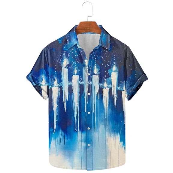 Bzhegqhd Men's Fashion Casual Hanukkah Printed Shirt Short Sleeve Button Up Short Sleeve Lapel Shirt