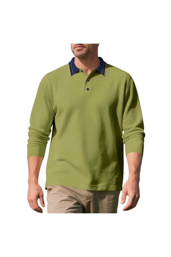 Men's Golf Performance Shirts Solid Color Button Down Lapel Collar Quick Dry Long Sleeve Moisture Wicking Loose Fit Athletic Top