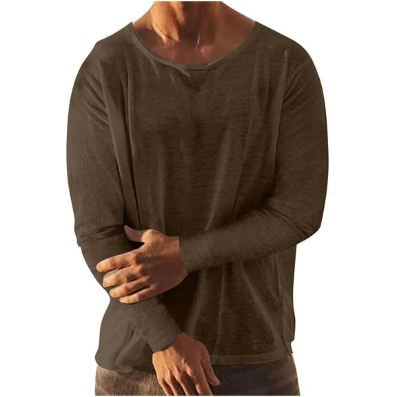 Bzhegqhd Men's Linen Blend Pullover Shirt Long Sleeve Round Neck Solid Color Casual Top Breathable Soft Shirt Blouse Relaxed Fit Business Casual office Wear
