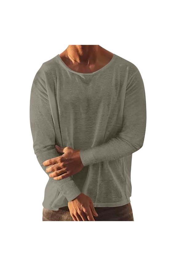 Men's Linen Blend Pullover Shirt Long Sleeve Round Neck Solid Color Casual Top Breathable Soft Shirt Blouse Relaxed Fit Business Casual office Wear