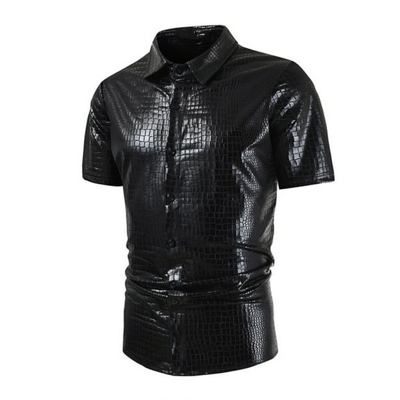 Bzhegqhd Men's Nightclub Casual Button Sequin Turn - Down Collar Short Sleeve