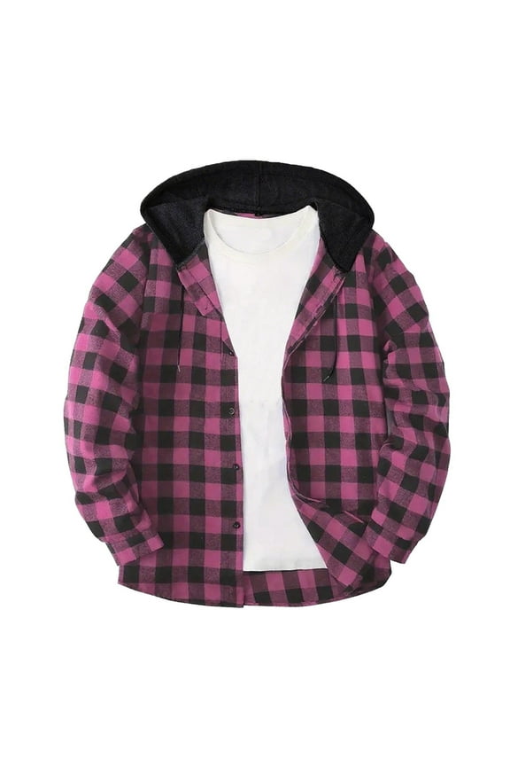 Men's Plaid Hooded Shirts Long Sleeve Button Down Patchwork Casual Streetwear Top Soft Cotton Blend Relaxed Fit Vintage Style Layering Blouse without Pocket