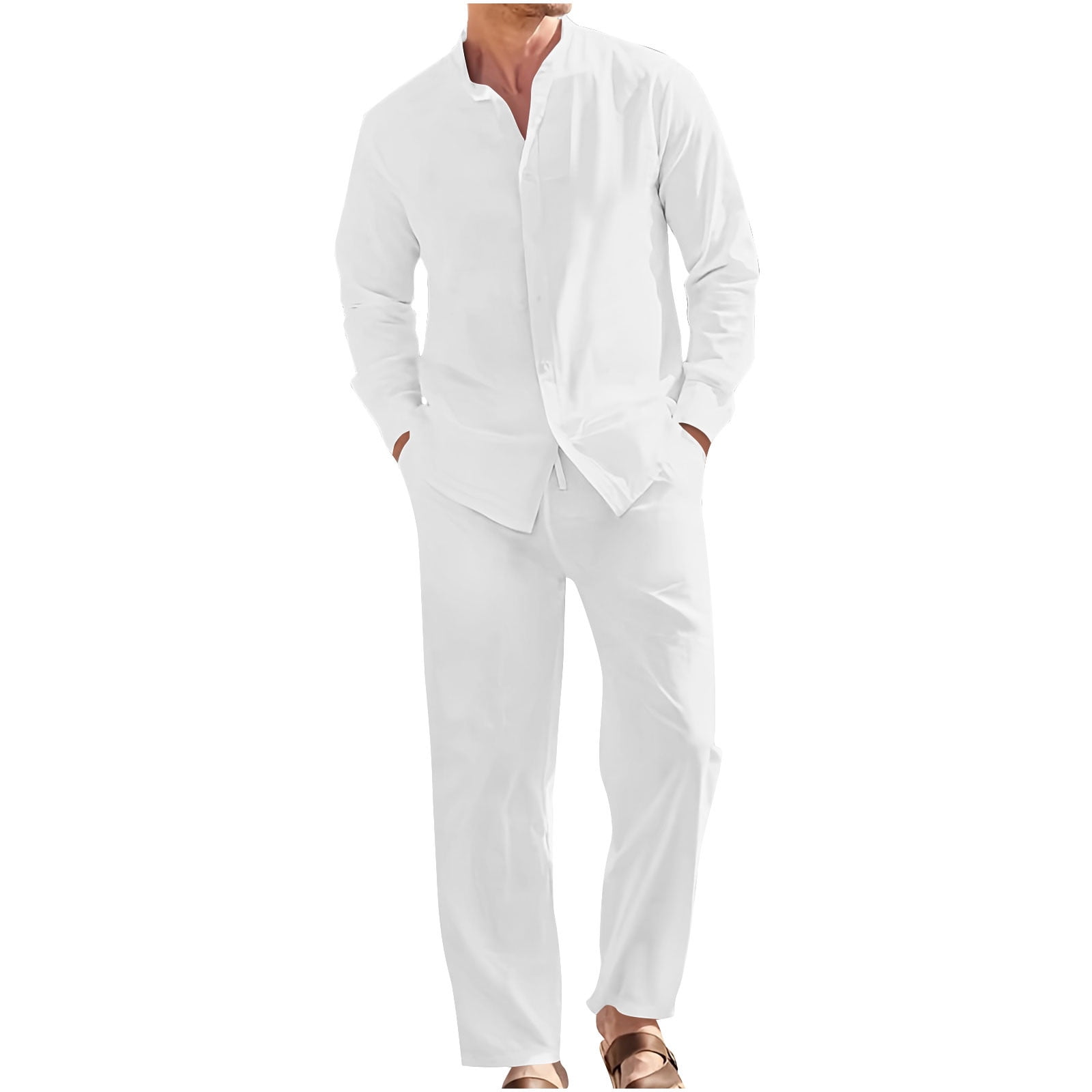 Bzhegqhd Men's Resort Wear Set Stand Collar Long Sleeve Shirt with Button  Detail and Solid Color Drawstring Vacation Pants Two Piece Fall Holiday  Outfit - Walmart.com