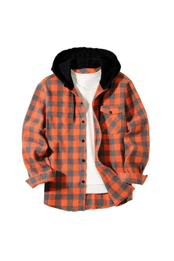 Men's Shirts Plaid Flannel Long Sleeve Hooded Button Down Pocketed Casual Top Soft Cotton Blend Streetwear Stylish Layering Piece for Fall Winter Outdoor Wear