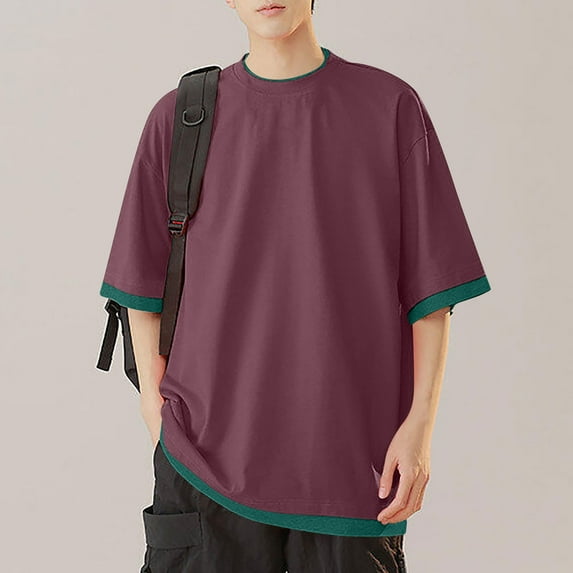 Bzhegqhd Men's Solid Color Casual Fake Two Piece Short Sleeved Round Neck Shirts