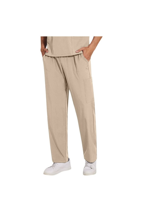 Men's Straight Leg Work Pants Stretch Elastic Drawstring Waist Multiple Functional Pockets Solid Color Comfortable Uniform Nursing Medical Scrubs Service Trousers