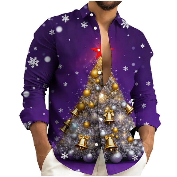 Bzhegqhd Mens Christmas Printed Shirt Long Sleeve Button Down Collar Holiday Novelty Casual Top Festive Fun Pattern Blouse for Party Gift Idea