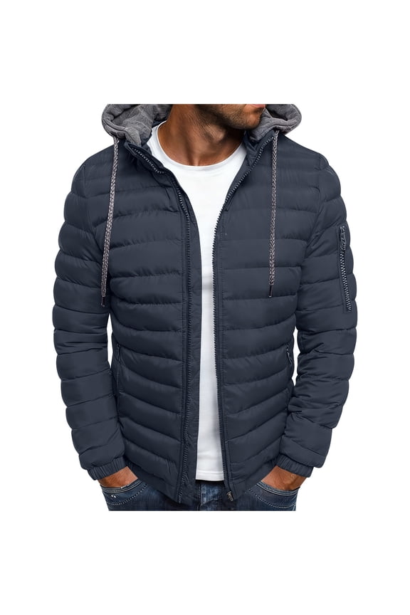 Mens Hooded Solid Color Quilted Jacket Warm Padded Parka Coat Winter Windproof Insulated Outerwear Thickened Fashionable Street Style Daily Puffer Coat