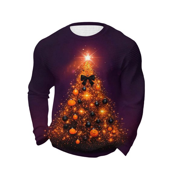 Bzhegqhd Mens Sweatshirts Christmas Print Waffle Knit Long Sleeve Shirt Holiday theme Round Neck Casual Top Festive Graphic Pullover Soft Breathable Tee