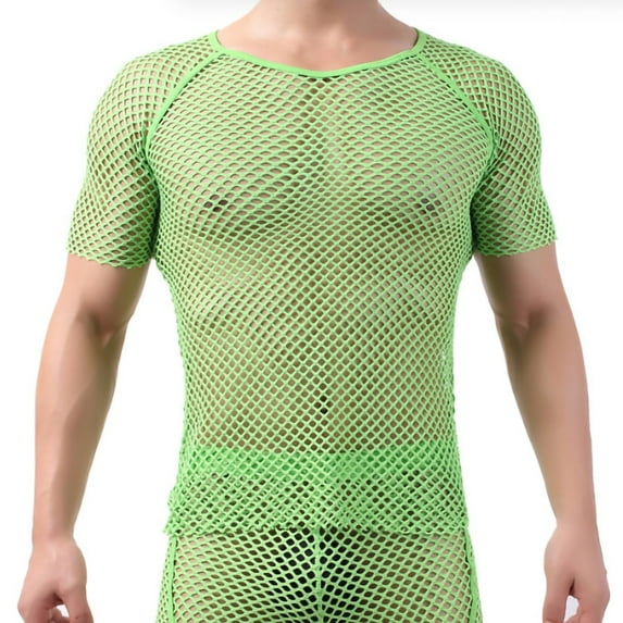 Bzhegqhd Perspective Large Mesh Men's Transparent Fishing Net Hollowed Out Men's Short Sleeved Round Neck Top/shirt without Pants