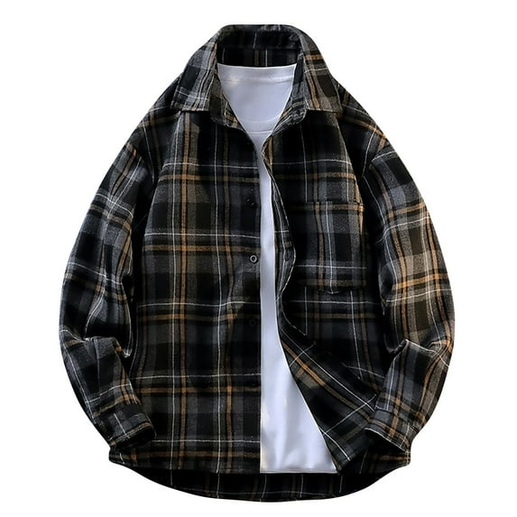 Bzhegqhd Shirts for Men Vintage Plaid Shirt Long Sleeve Button Down Lapel Collar Casual Checkered Flannel Workwear office Double Pocket Fall Winter Tartan Pattern Clothing