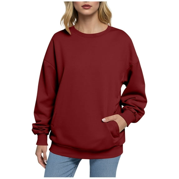 Bzhegqhd Sweatshirts for Women Solid Color Crewneck Long Sleeve Pullover Top Loose Fit Casual Blouse Soft Cotton No Hood Daily Wear Minimalist Style