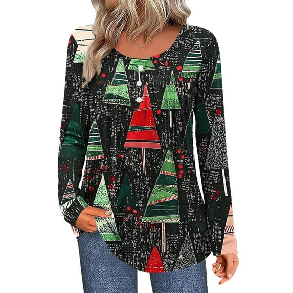 Bzhegqhd Tees for Women Abstract Print Ruffled Button Detail T-Shirts Long Sleeve Round Neck Pullover Blouse Loose Fit Boho Style Top Casual Chic Wear