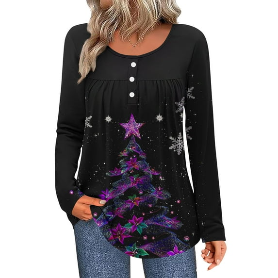 Bzhegqhd Tees for Women Abstract Print Ruffled Button Detail T-Shirts Long Sleeve Round Neck Pullover Blouse Loose Fit Boho Style Top Casual Chic Wear