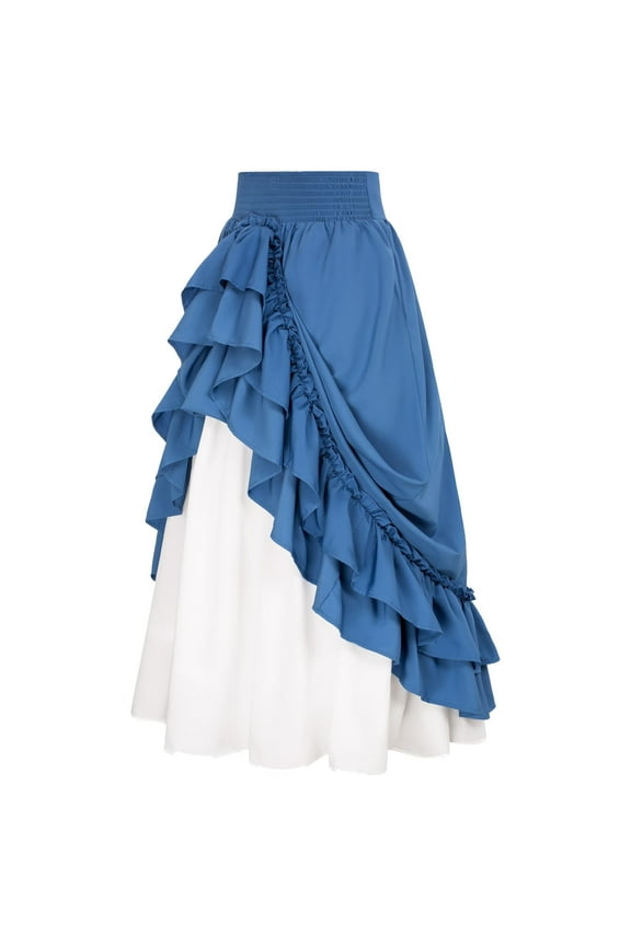 Victorian Style Skirts for Women High Waisted Ruffle Hem Drawstring Asymmetrical Maxi Skirt with Patchwork Colors Elegant Ballroom Dance Skirt Gothic A-Line Skirt