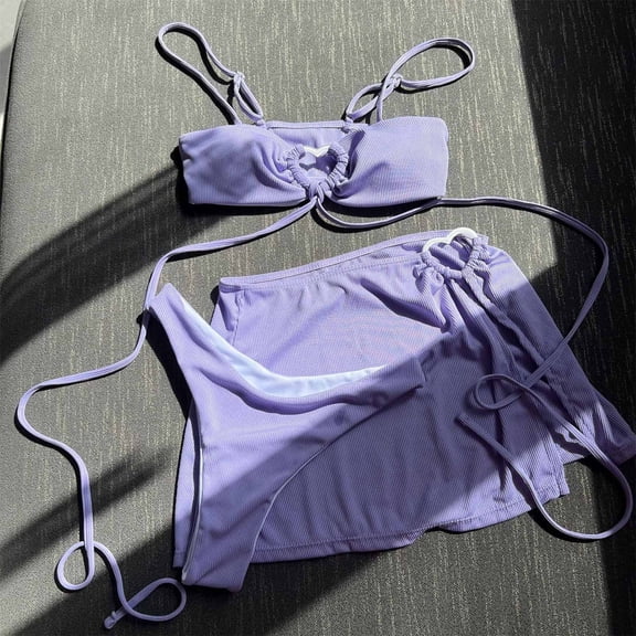 Bzhegqhd Women Bikinis Swimsuits Clearance,Women's Solid Color Sexy Swimsuit Drawstring Strap Split Swimsuit Three Piece Set