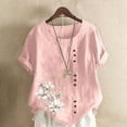 thumbnail image 1 of Bzhegqhd Women Casual and Linen Round-Neck Top Printed Short Sleeve Button T-shirt Blouse, 1 of 4