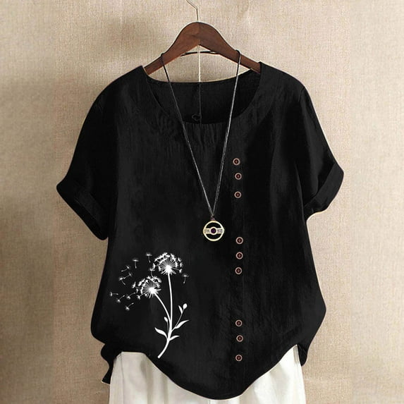 Bzhegqhd Women Casual and Linen Round-Neck Top Printed Short Sleeve Button T-shirt Blouse