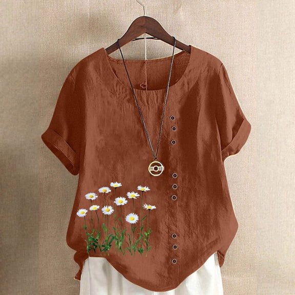 Bzhegqhd Women Casual and Linen Round-Neck Top Printed Short Sleeve Button T-shirt Blouse