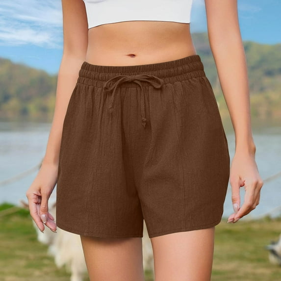Bzhegqhd Women Fashion Casual Solid Color Summer Beach Shorts Cotton Shorts Drawstring with Pockets Shorts
