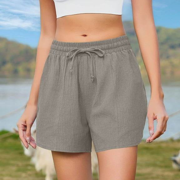 Bzhegqhd Women Fashion Casual Solid Color Summer Beach Shorts Cotton Shorts Drawstring with Pockets Shorts