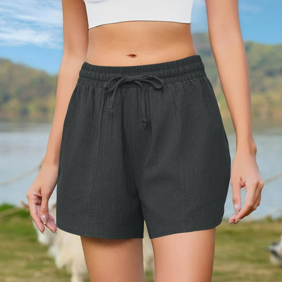 Bzhegqhd Women Fashion Casual Solid Color Summer Beach Shorts Cotton Shorts Drawstring with Pockets Shorts