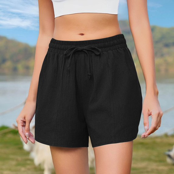 Bzhegqhd Women Fashion Casual Solid Color Summer Beach Shorts Cotton Shorts Drawstring with Pockets Shorts