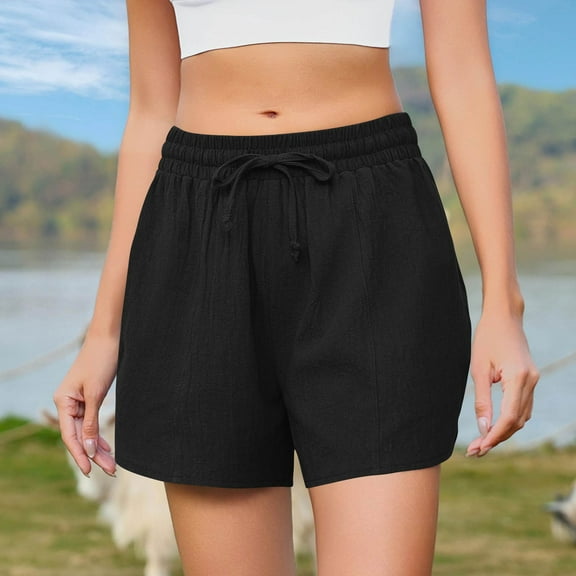 Bzhegqhd Women Fashion Casual Solid Color Summer Beach Shorts Cotton Shorts Drawstring with Pockets Shorts