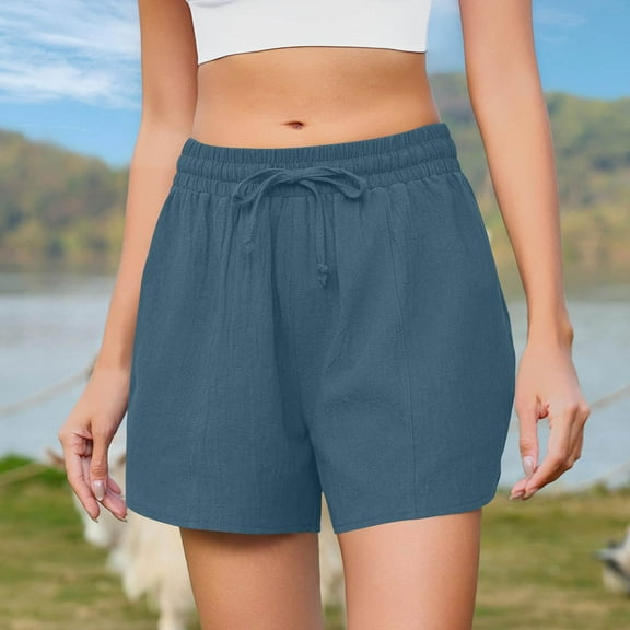 Bzhegqhd Women Fashion Casual Solid Color Summer Beach Shorts Cotton Shorts Drawstring with Pockets Shorts