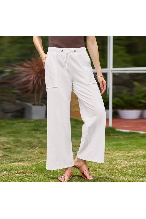 Women'S Spring Solid Color Lace-Up with Cotton and Linen All Straight Leg Casual Pants