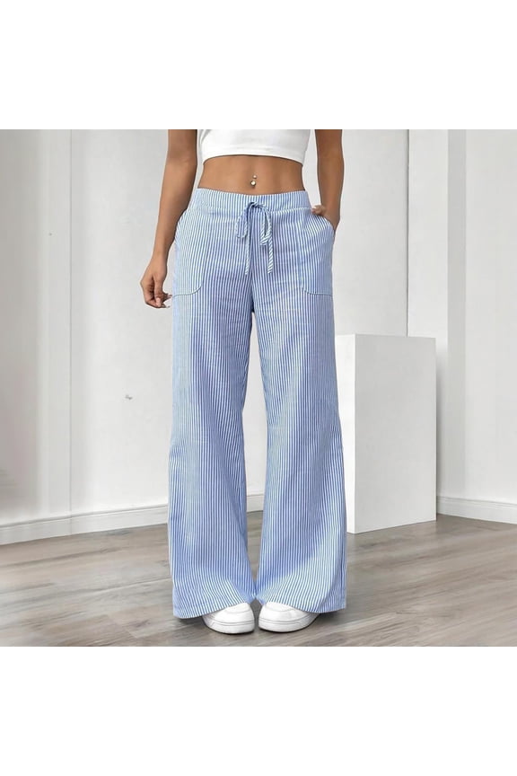 Women'S Striped Lace-Up Cotton and Linen Straight-Leg Casual Pants
