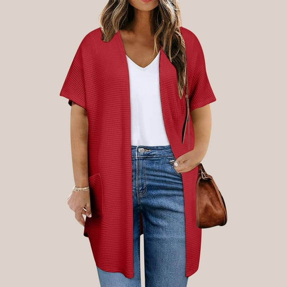 Bzhegqhd Women Solid Color Plus Size Open Spring Summer Casual Short Sleeved Front Open Top Cardigan Jacket with Pockets