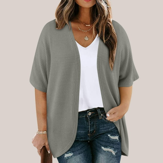 Bzhegqhd Women Solid Color Plus Size Open Spring Summer Casual Short Sleeved Front Open Top Cardigan Jacket