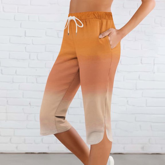 Bzhegqhd Women Solid Printing Elastic Waist Sports Casual Capris Pants with Side Pockets