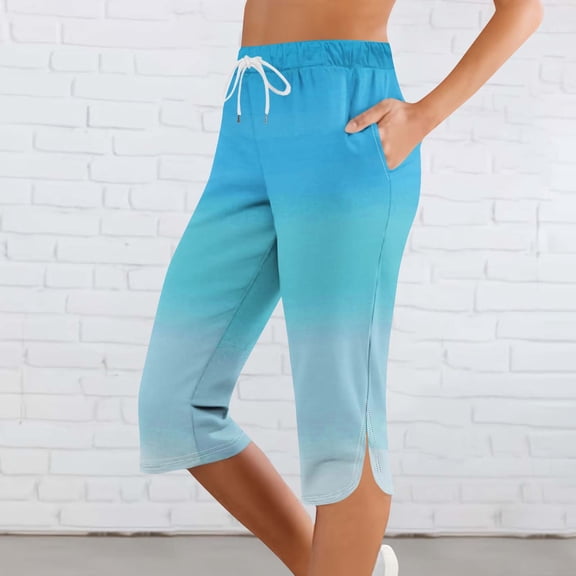 Bzhegqhd Women Solid Printing Elastic Waist Sports Casual Capris Pants with Side Pockets