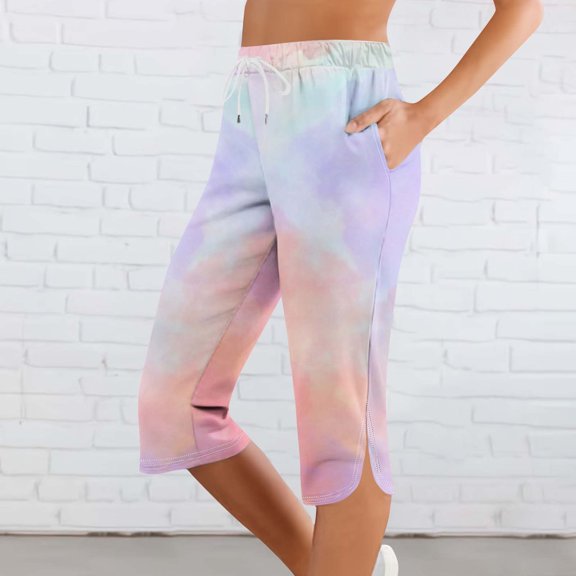 Bzhegqhd Women Solid Printing Elastic Waist Sports Casual Capris Pants with Side Pockets
