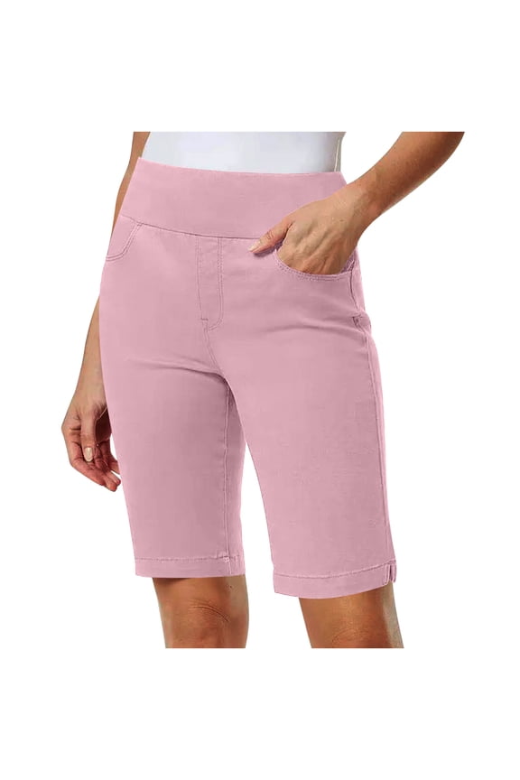 Women Solid Stretch Twill Shorts Thin Waist Pull On Regular Hiking Shorts Bermuda Summer Casual with Pockets