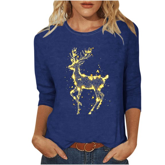 Bzhegqhd Women's 3/4 Sleeve T-Shirts Christmas Print Blouse Round Neck Style Pullover Top Loose Fit Casual Breathable Fabric Holiday theme Graphic Fall Fashion Layering Tee Comfort Fit