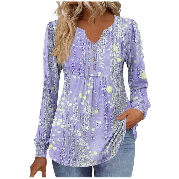 Bzhegqhd Women's Blouses Printed V-Neck Button Down Long Sleeve Loose Fit Tops Soft Stretch Casual T-Shirts Relaxed Fit Boho Style Fall Fashion Tunic Shirt