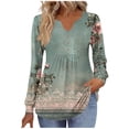 thumbnail image 1 of Bzhegqhd Women's Blouses Printed V-Neck Button Down Long Sleeve Loose Fit Tops Soft Stretch Casual T-Shirts Relaxed Fit Boho Style Fall Fashion Tunic Shirt, 1 of 6