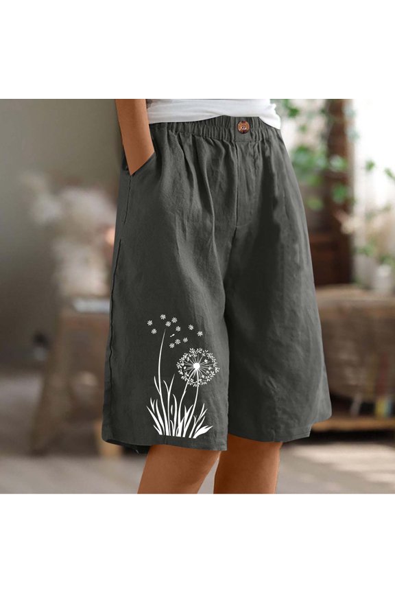 Women's Casual Printed Half Shorts Pants Summer Elastic Waist Buttons Casual Pockets Pants